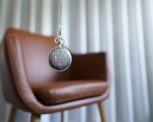 silver round pendant on brown wooden chair